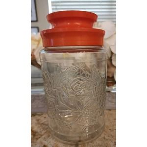 Vintage Anchor Hocking Floral Design Glass Container Red/Orange Lid